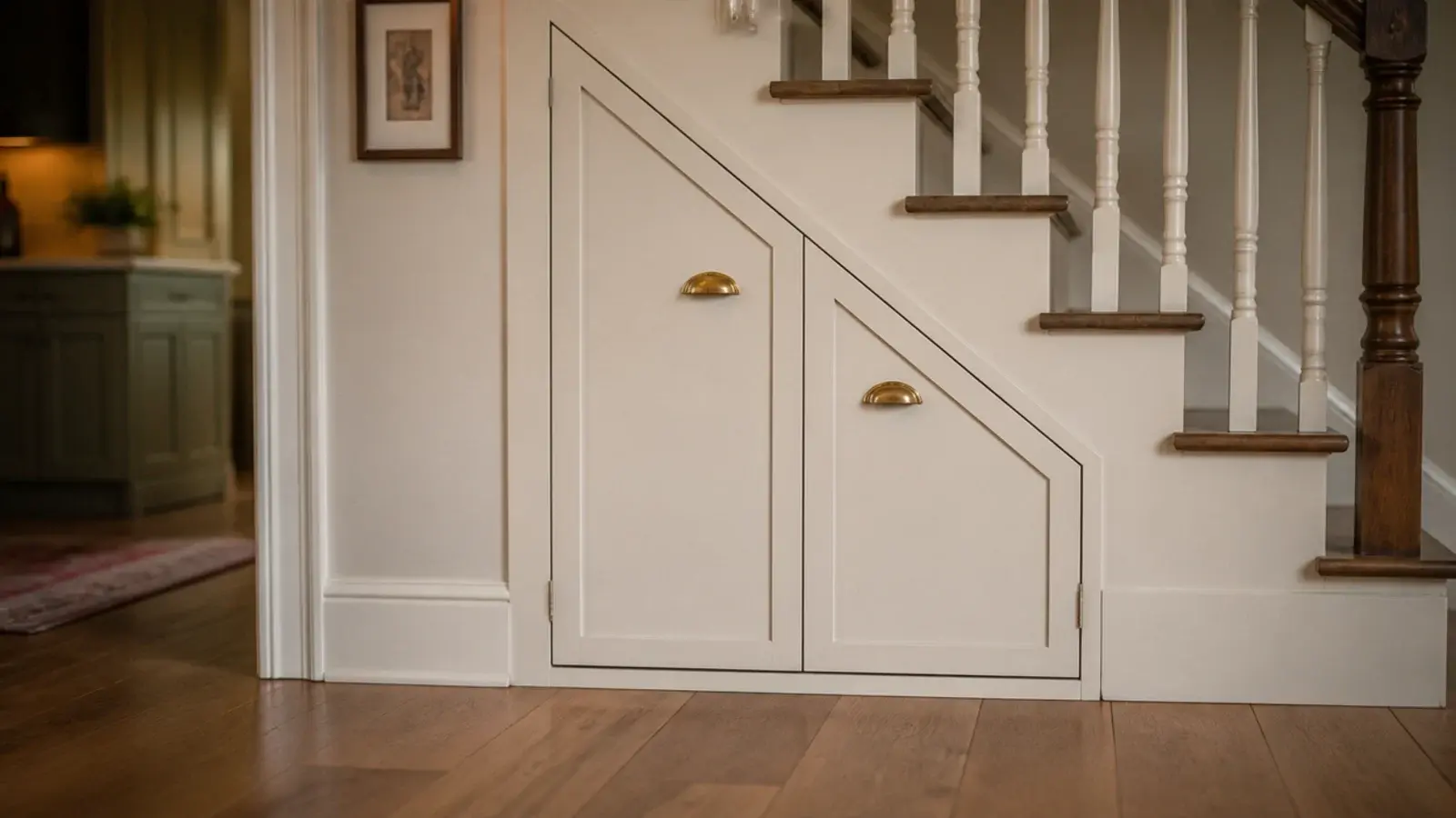shallow shoe cabinet tucked below the lowest steps of a staircase