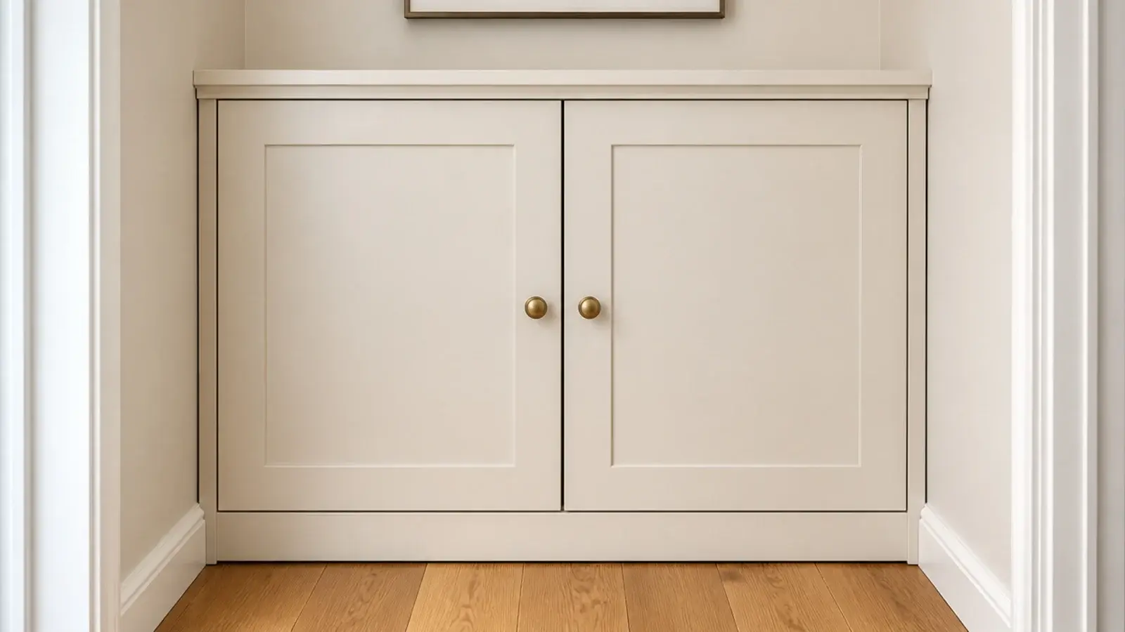 slim shoe cabinet fitted exactly between two walls of a hallway alcove