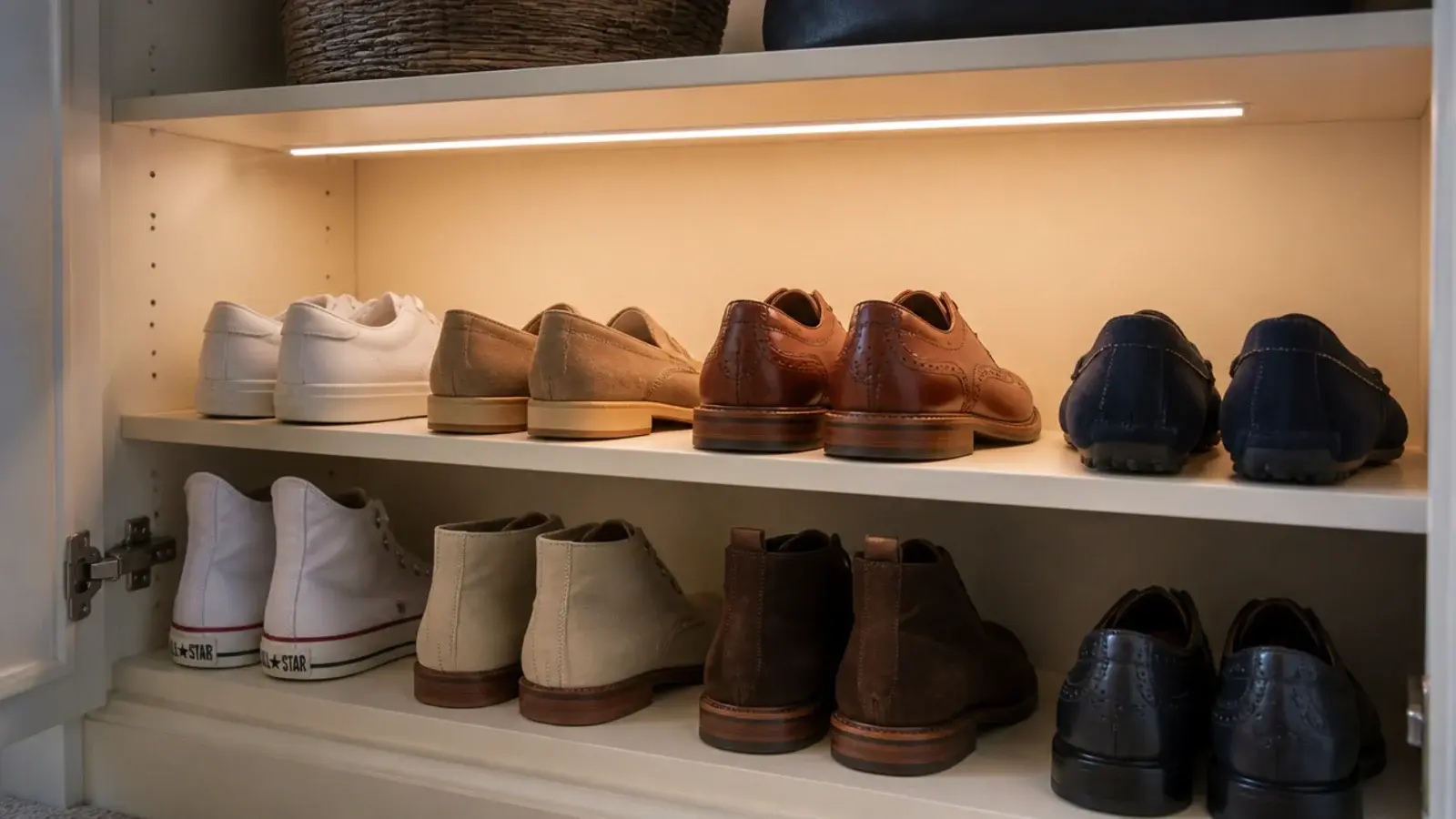 warm strip light illuminating the inside of an open slim shoe cabinet