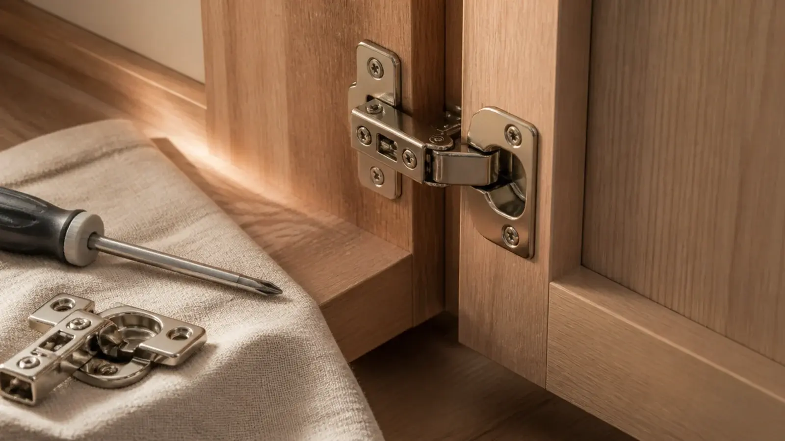 soft close hinge fitted inside the door of a slim hallway shoe cabinet