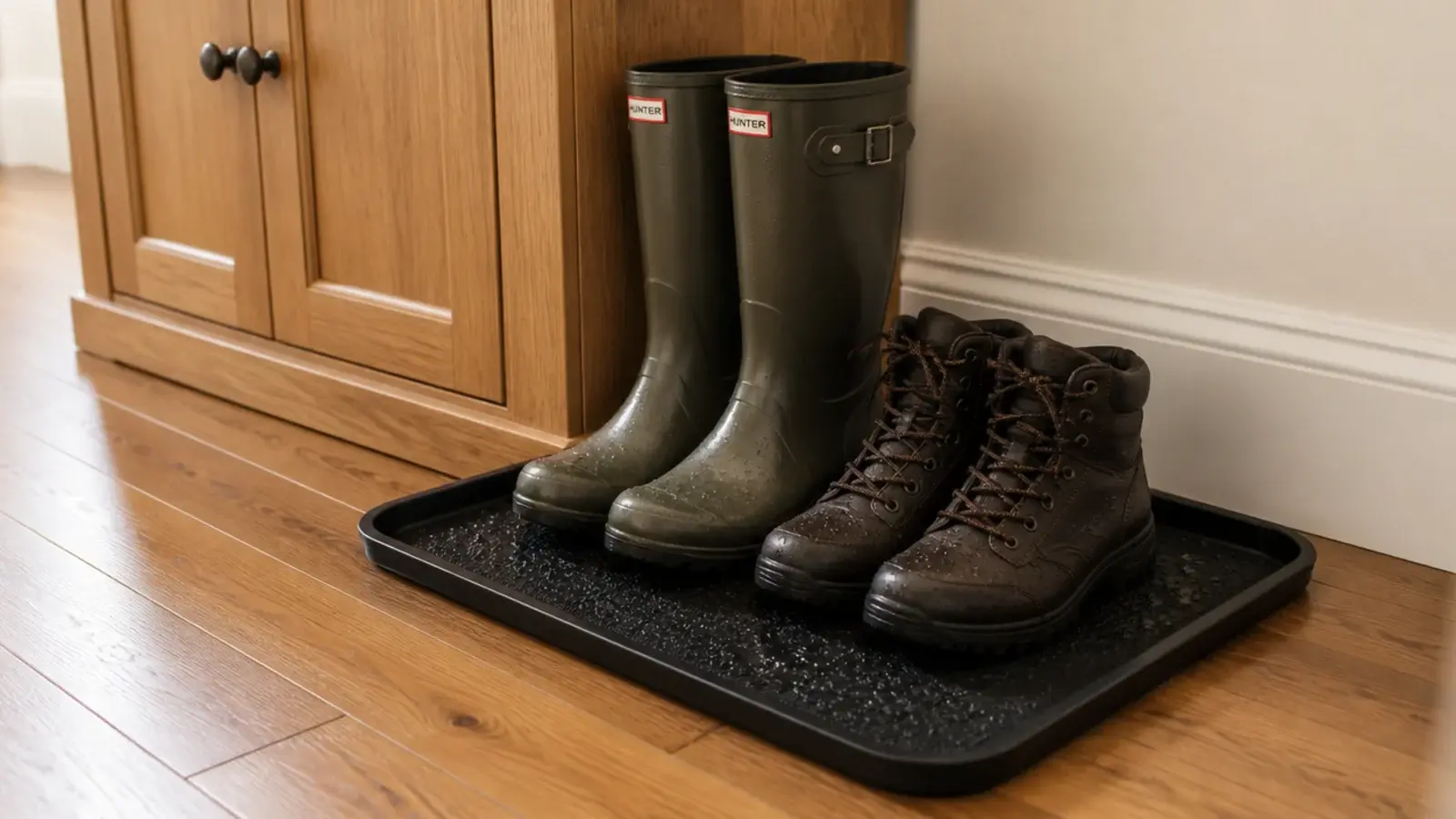 raised lip tray of wet boots on the floor beside a slim shoe cabinet