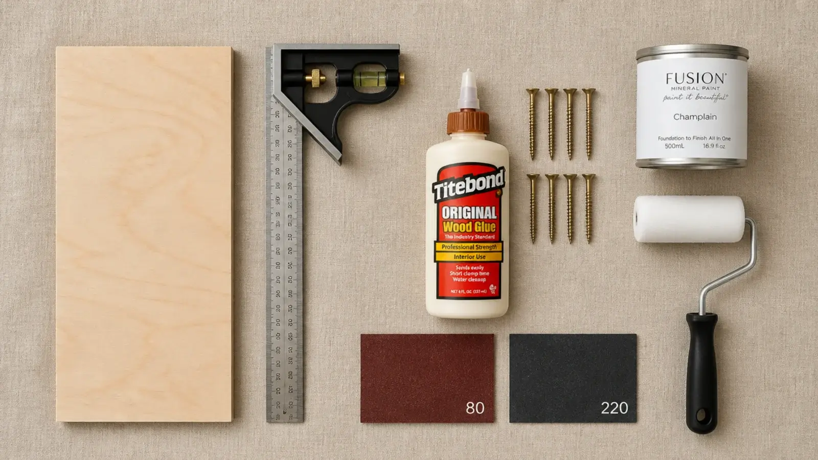 flat lay of plywood tools and hardware for building diy shoe storage