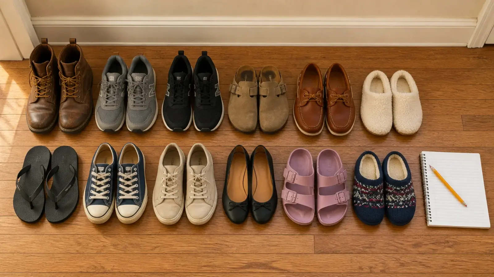 row of household shoes counted and lined up on an entryway floor