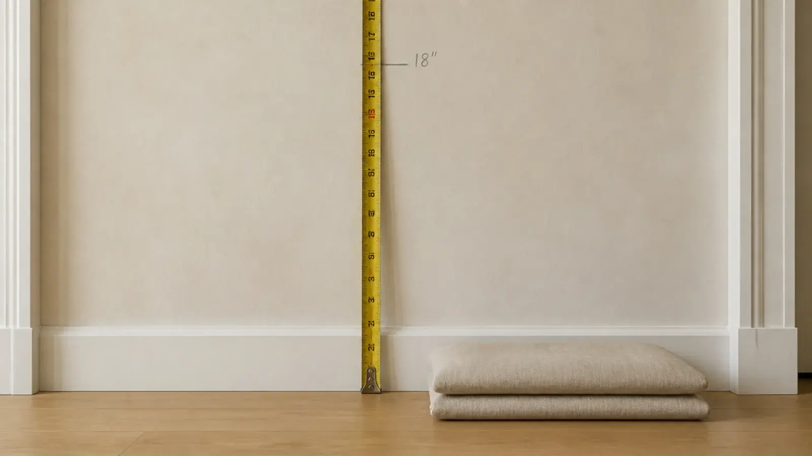 tape measure showing eighteen inch bench height against a wall