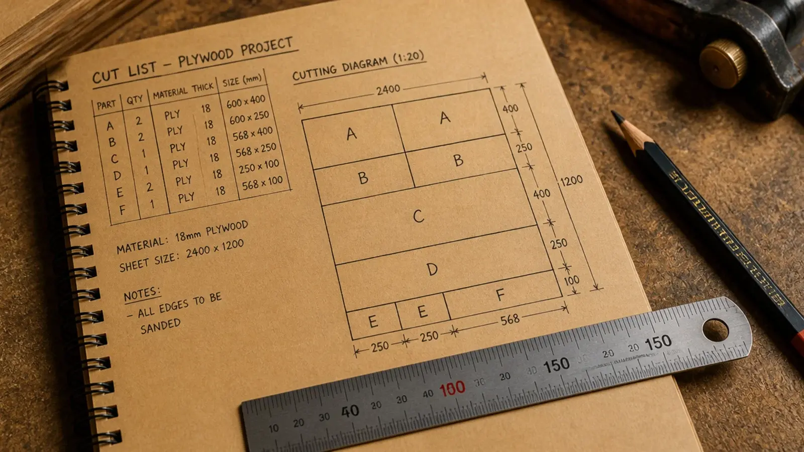 handwritten cut list and cutting diagram on kraft paper with a pencil