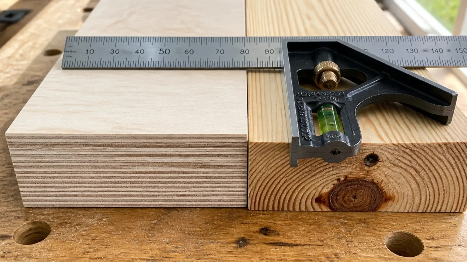 birch plywood sheet edge beside a pine board showing the difference