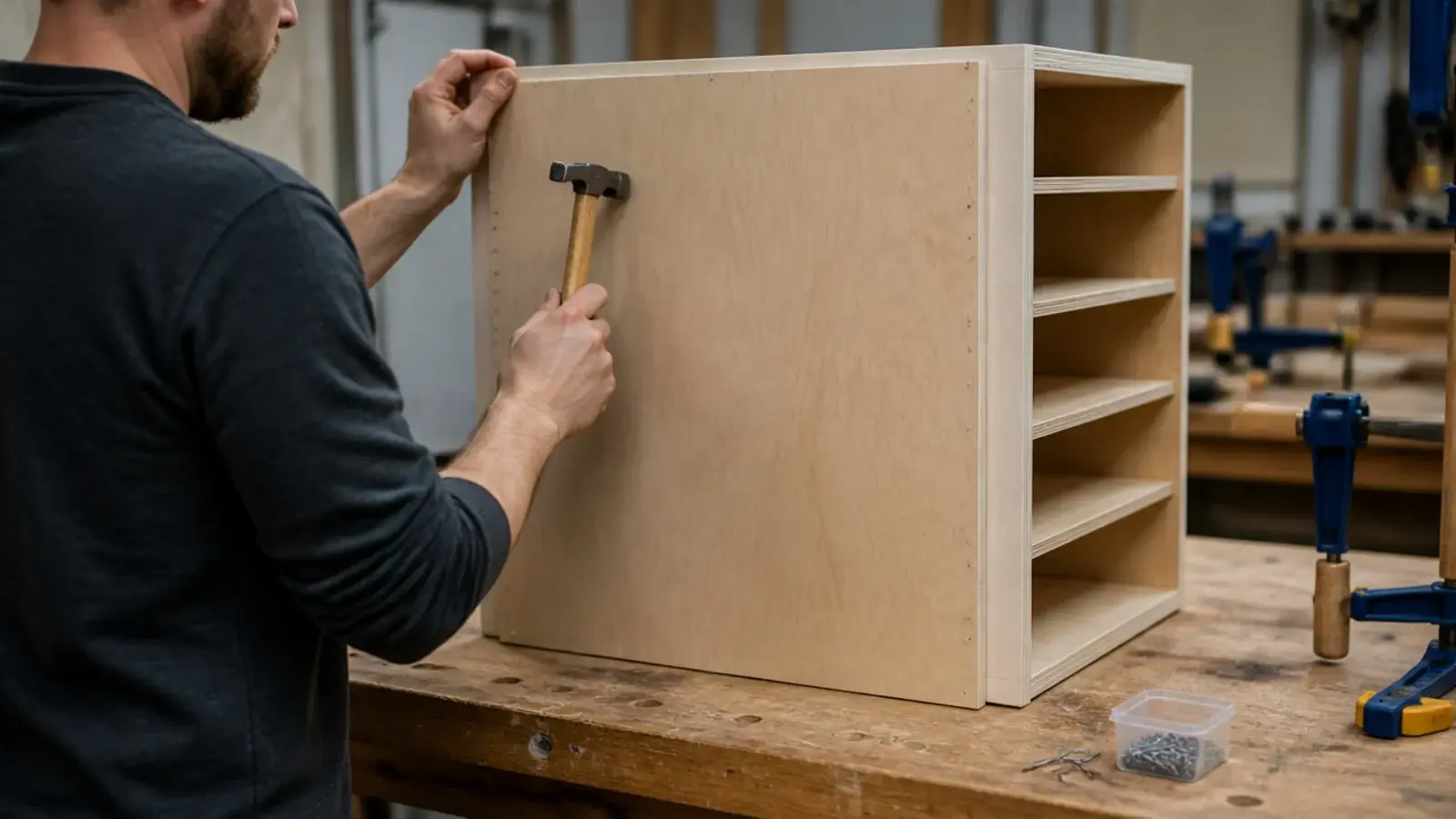 thin plywood back panel being nailed onto a shoe storage carcass