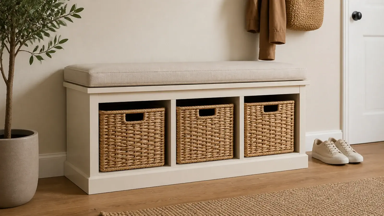 linen cushion and woven baskets added to a finished shoe storage bench