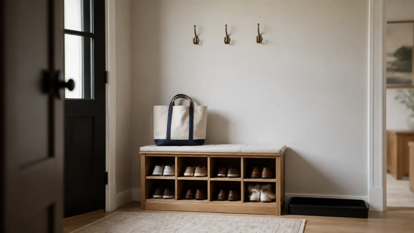 brass hooks above a shoe bench with a boot tray on the floor beside
