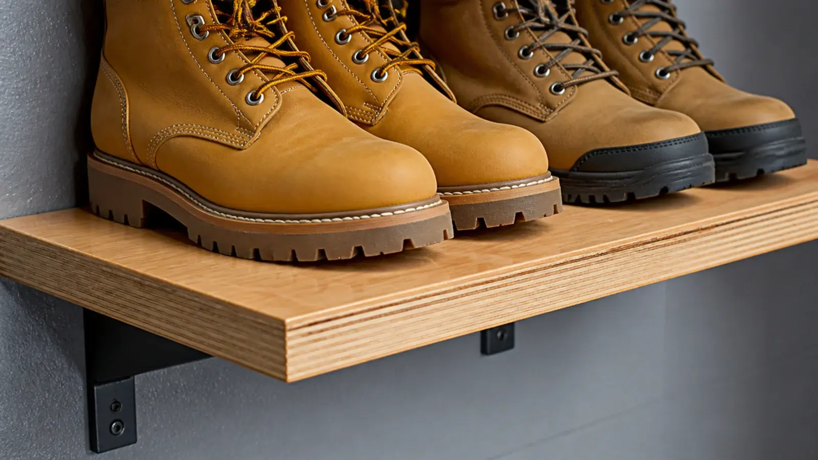 sealed plywood garage shelf holding work boots with a wiped finish