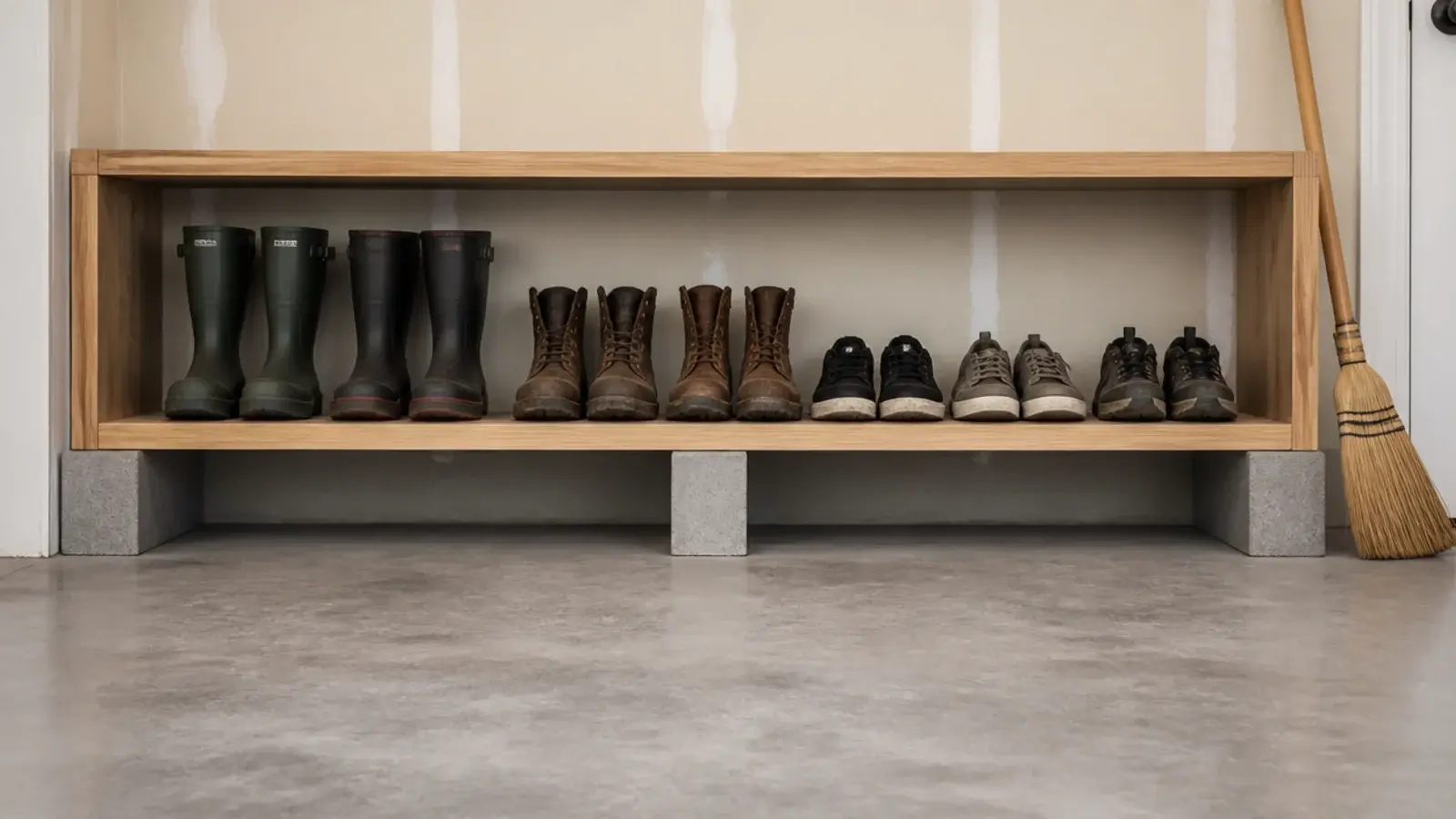 garage shoe shelf raised on blocks above a swept concrete floor