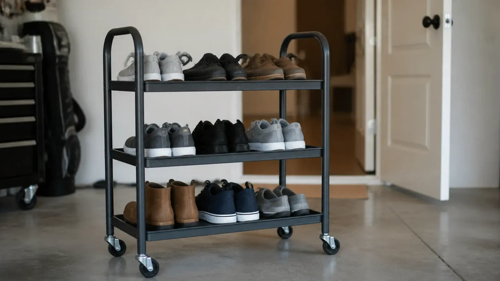 rolling steel shoe cart parked in a garage bay holding family shoes