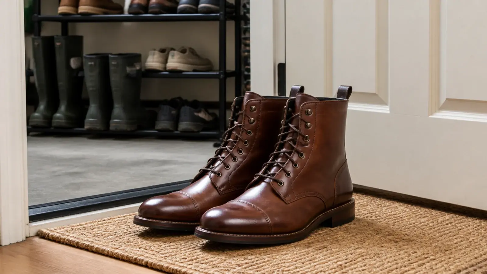leather boots carried indoors past a garage rack of rubber footwear