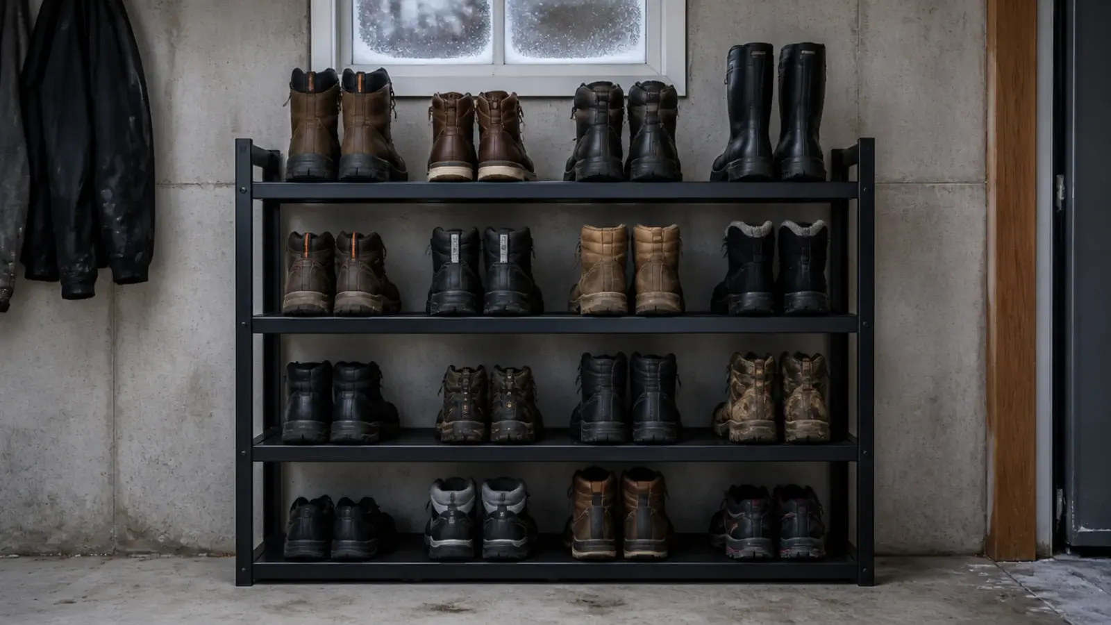 sturdy steel garage rack replacing a lightweight plastic shoe shelf