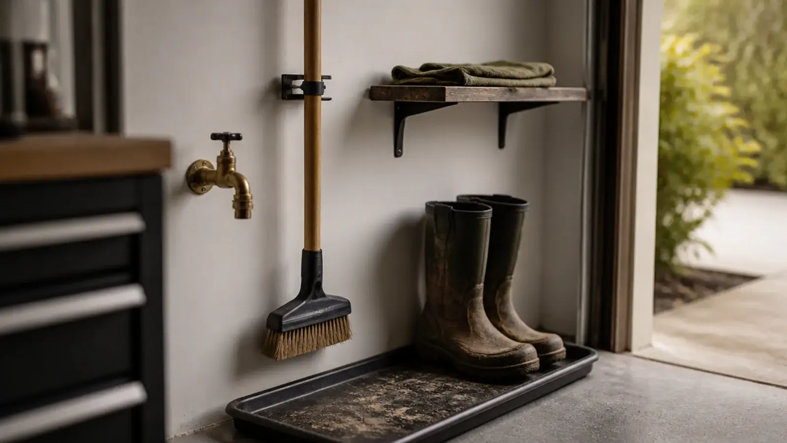 garage mud zone with a scrubbing brush hose bib and boot tray
