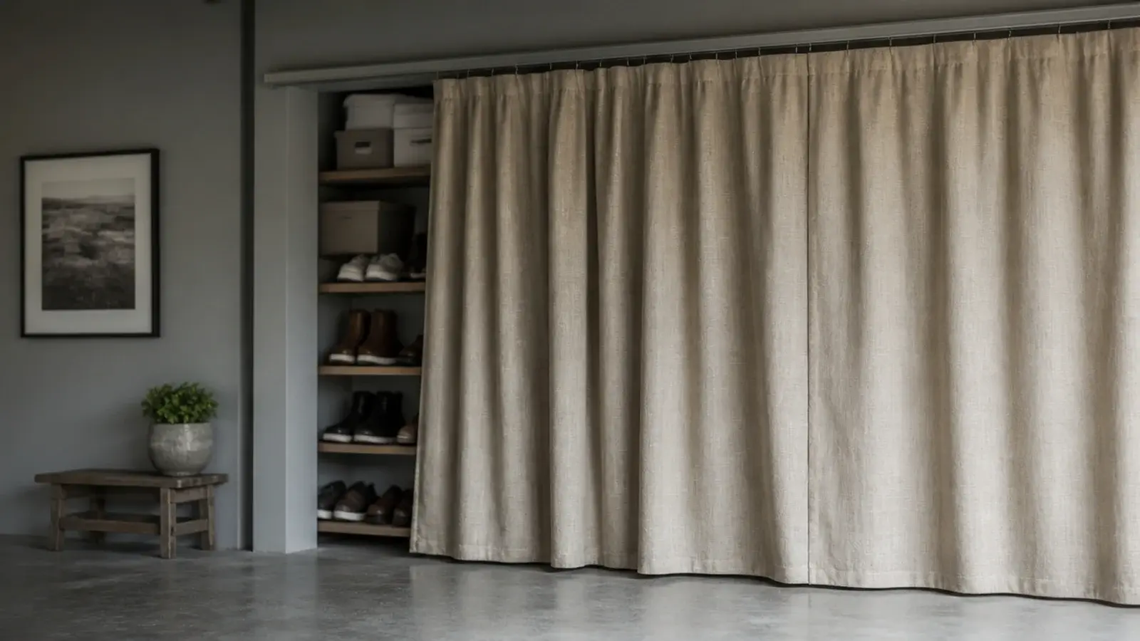 linen curtain drawn across a garage shoe storage wall on a rail