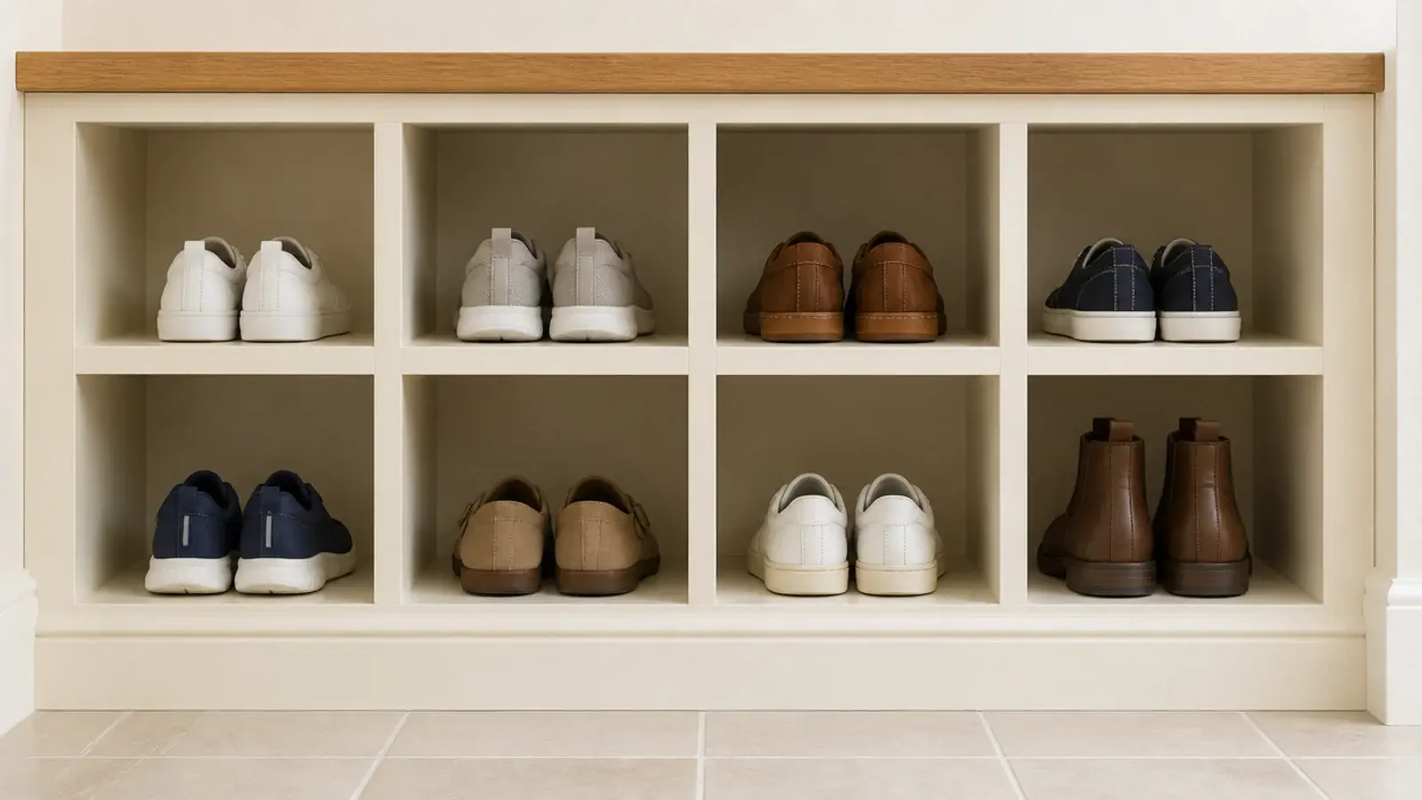 open mudroom cubbies at even depth each holding a single pair