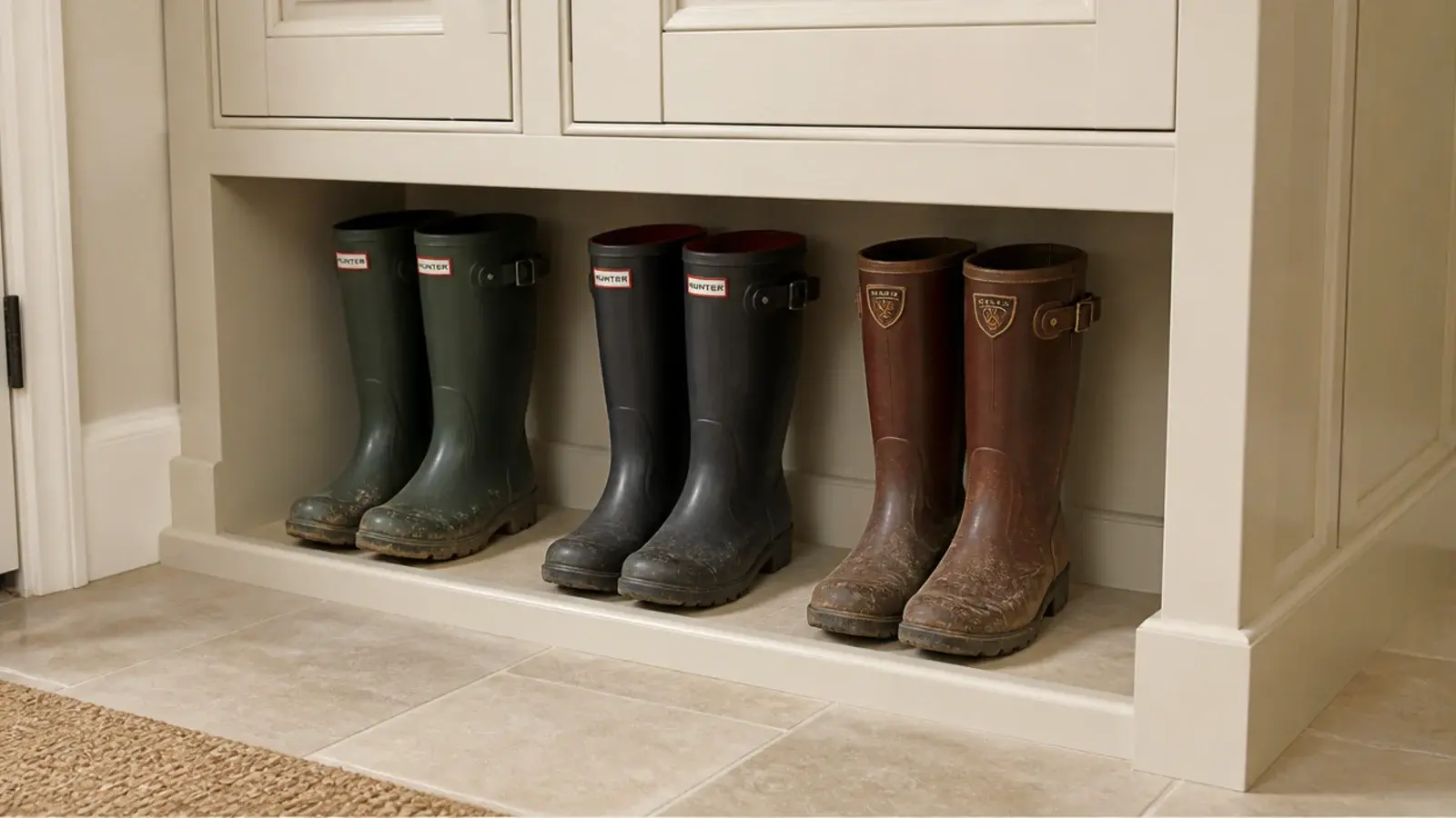 tall mudroom bay holding upright rubber and leather boots at floor level