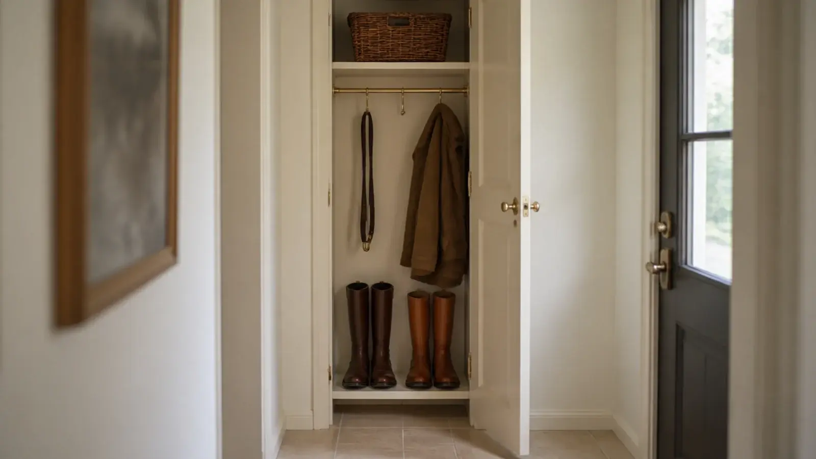narrow tall mudroom closet slice holding knee high boots standing upright