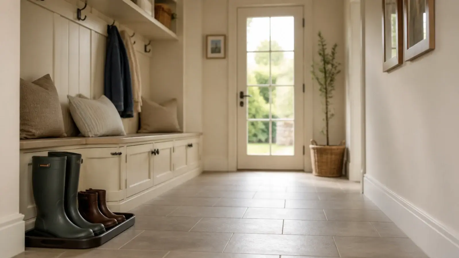 mudroom with a clear walkway passing a bench where someone could sit