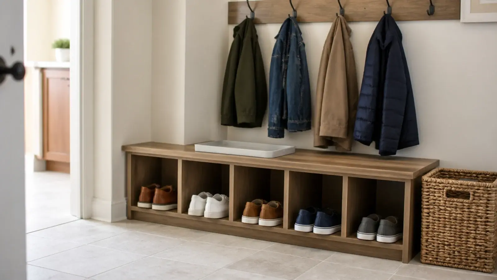 tidy mudroom bench and cubby run after a quick weekly reset