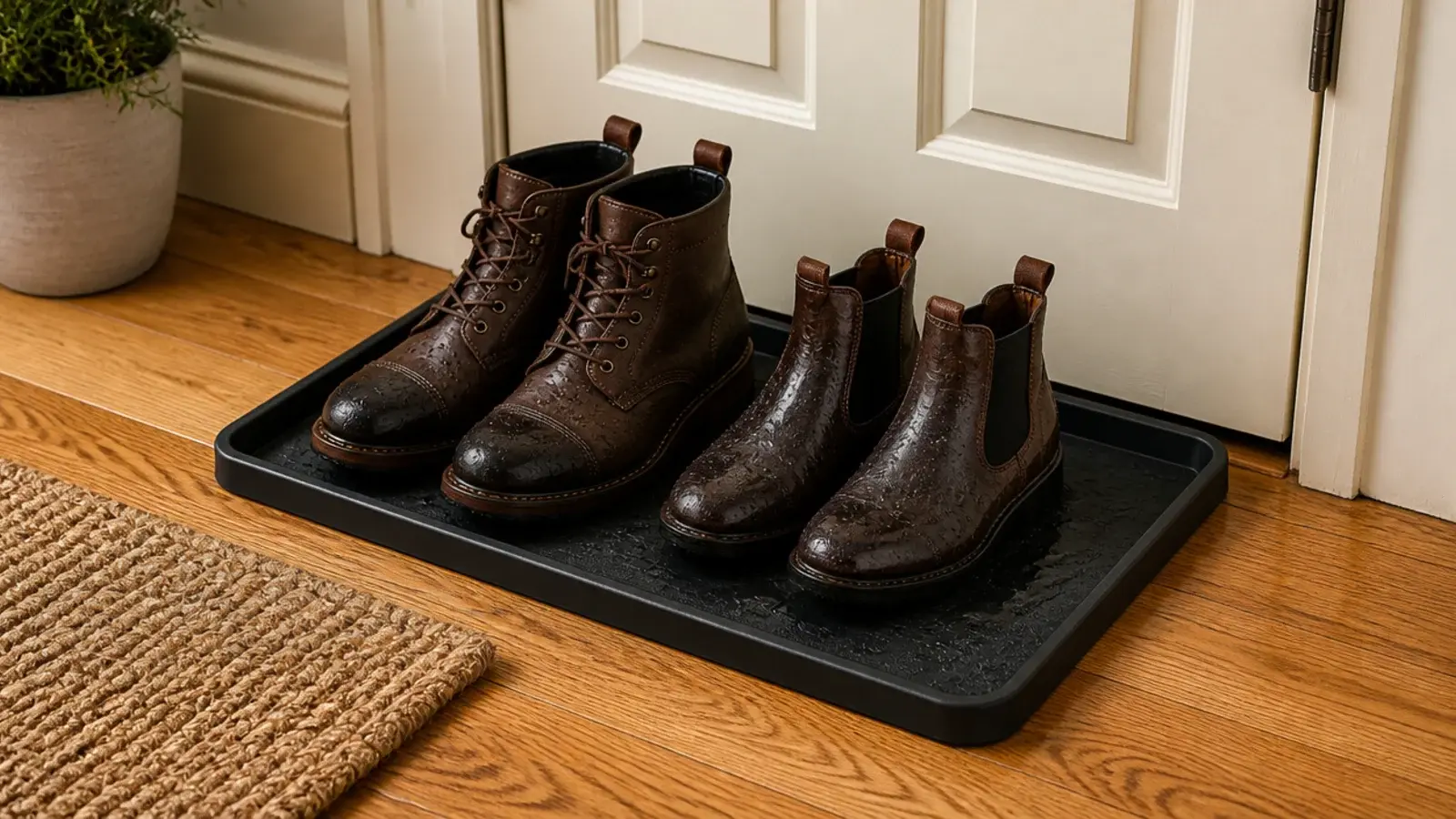 raised lip boot tray holding wet boots on a dry hallway floor