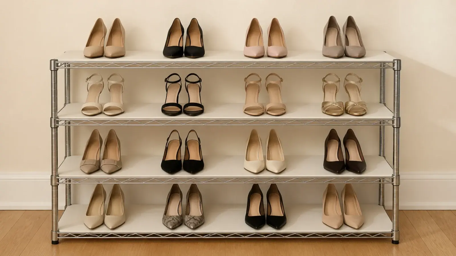 wire shoe shelving fitted with a solid liner holding shoes level