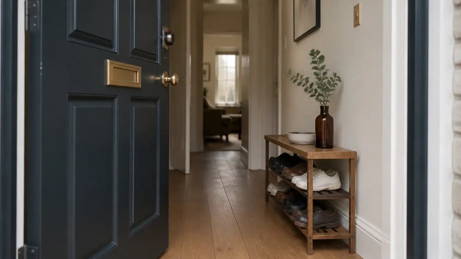 shallow shoe rack repositioned clear of a fully opening front door