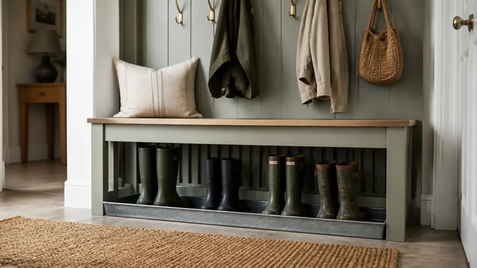 mudroom bench with slatted base and drip tray keeping the floor dry