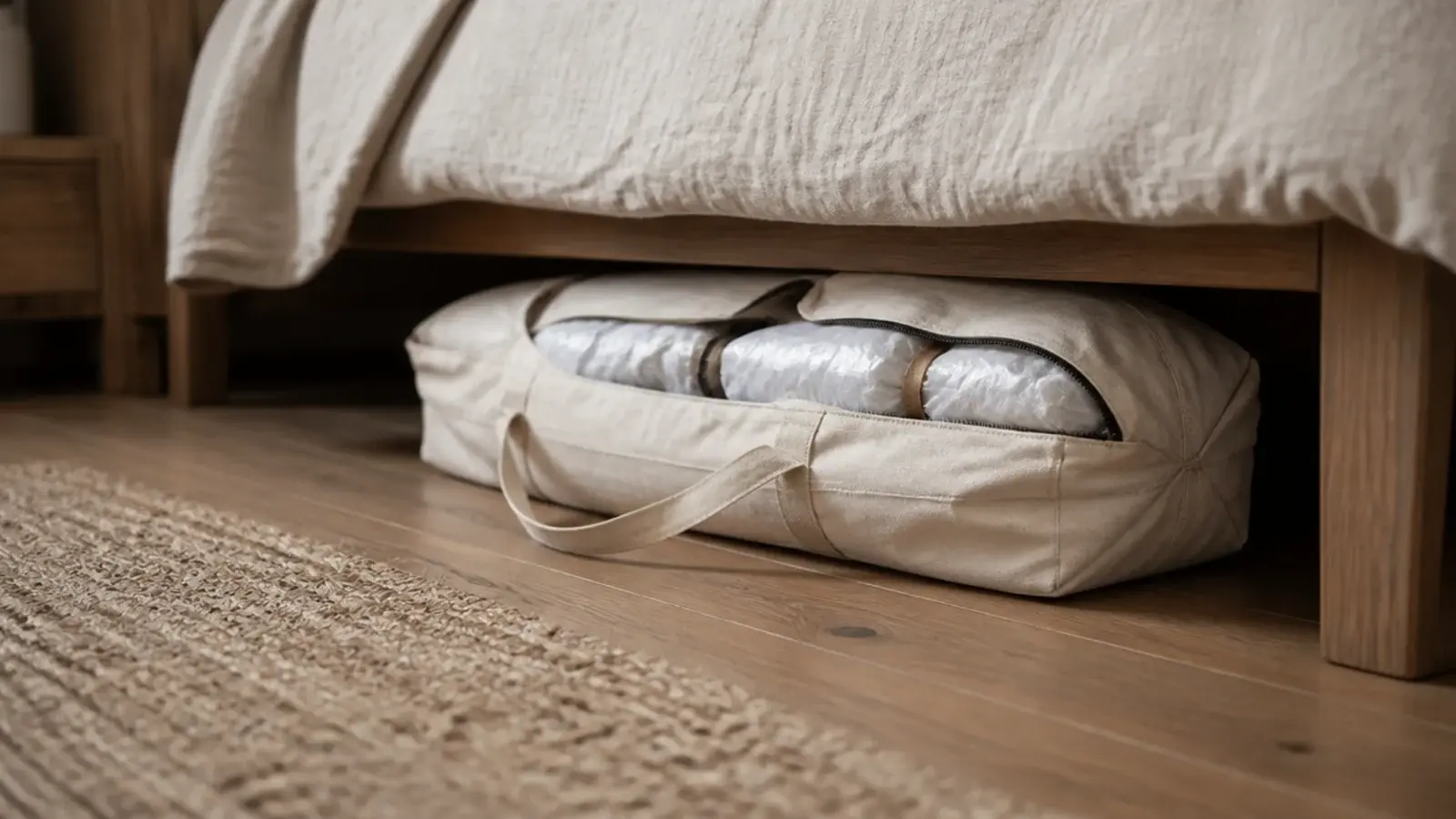canvas duffel of out of season shoes stored beneath a linen bed