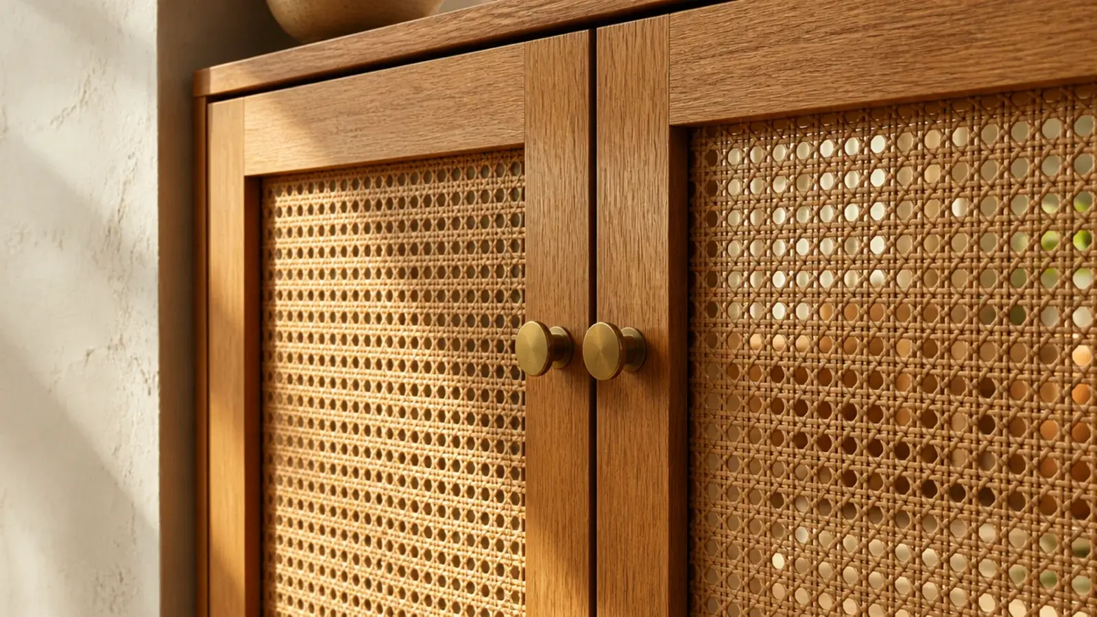 rattan fronted shoe cabinet doors with visible woven ventilation panels