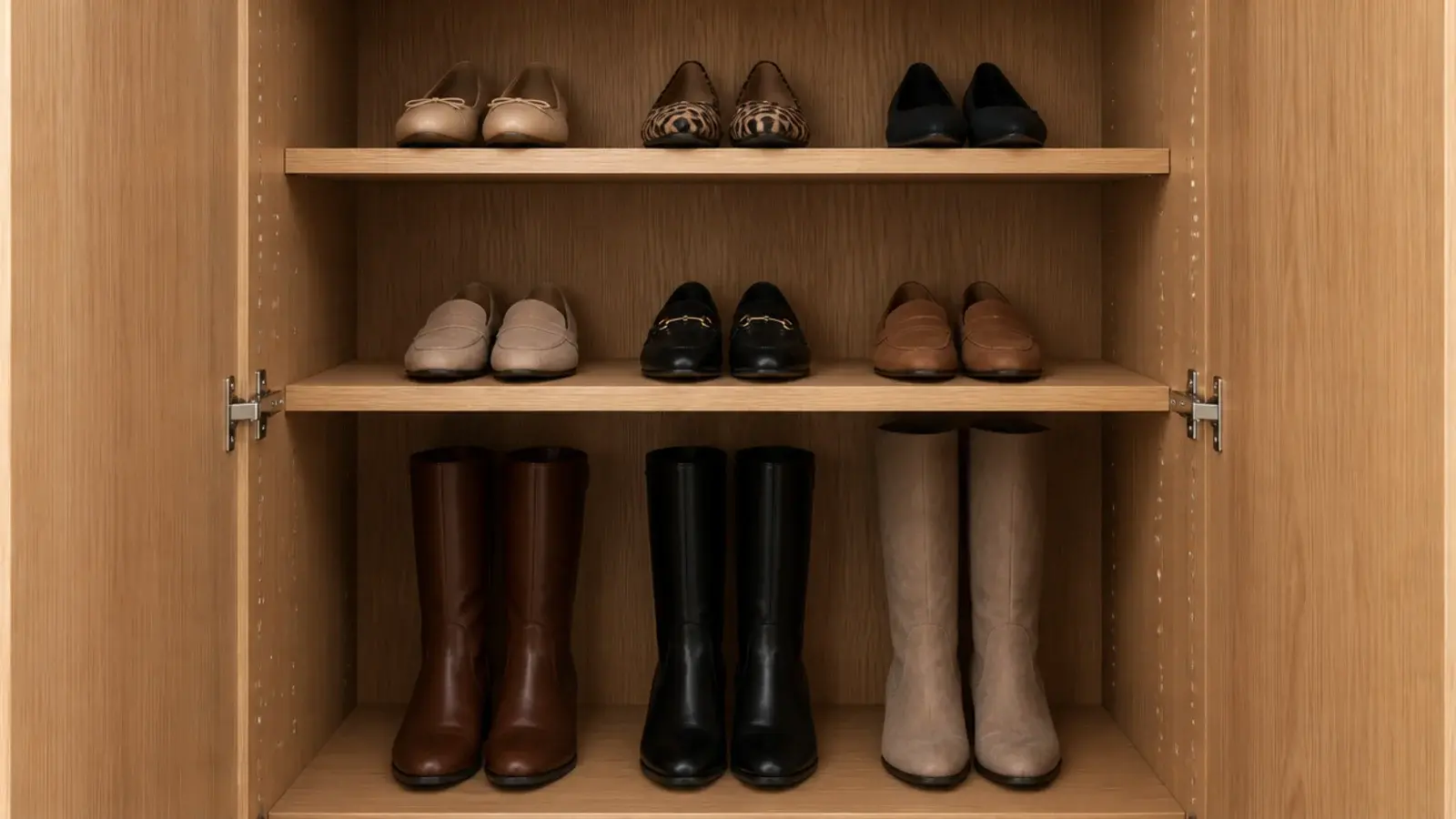 tall shoe cabinet interior with shelves set at three different heights