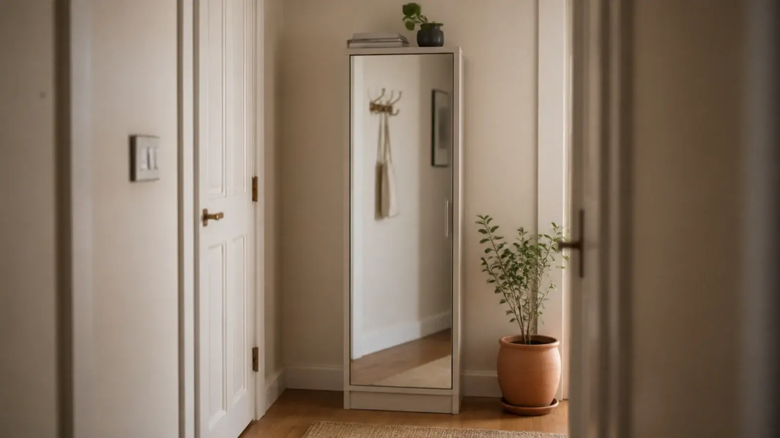 mirrored front shoe cabinet reflecting a bright narrow entryway