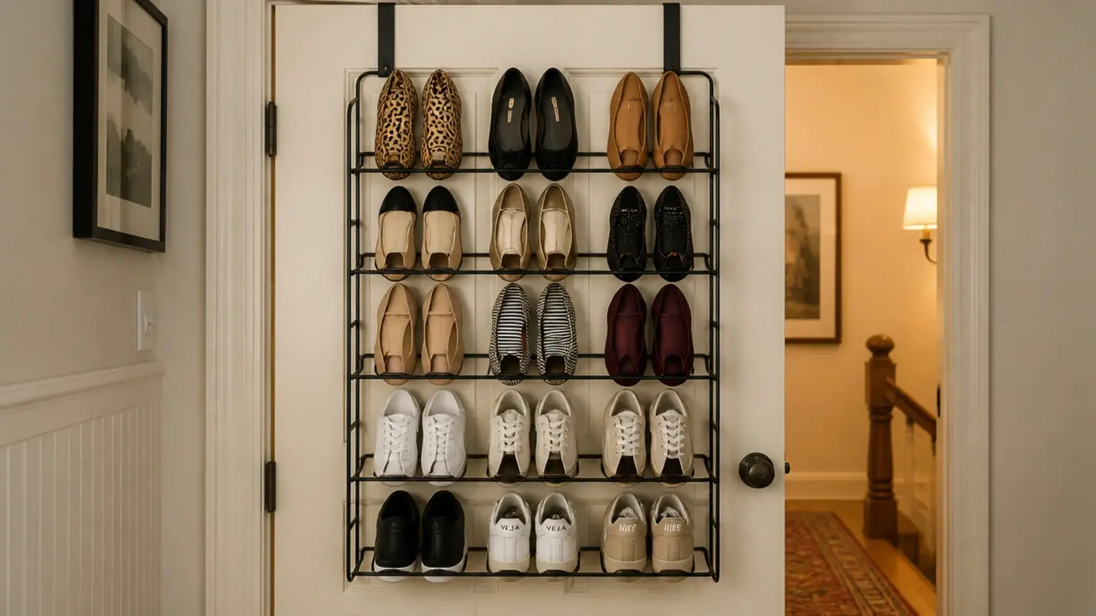 slim over the door shoe rack on the back of a closet door