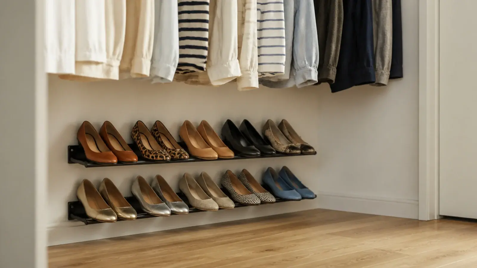 two slim rails holding tilted shoes beneath hanging shirts in a closet