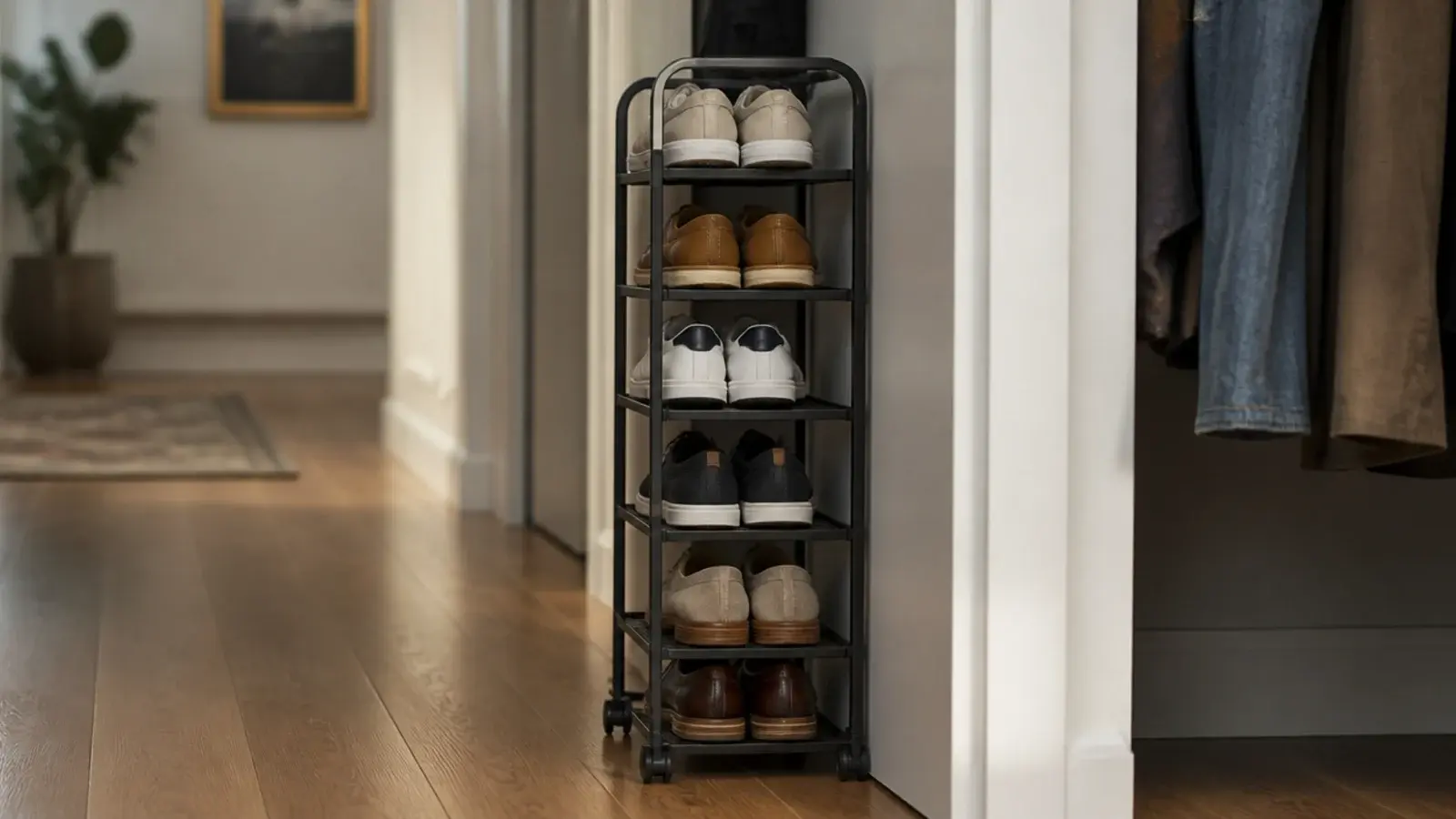 narrow rolling shoe tower pulled out from a gap beside closet clothing