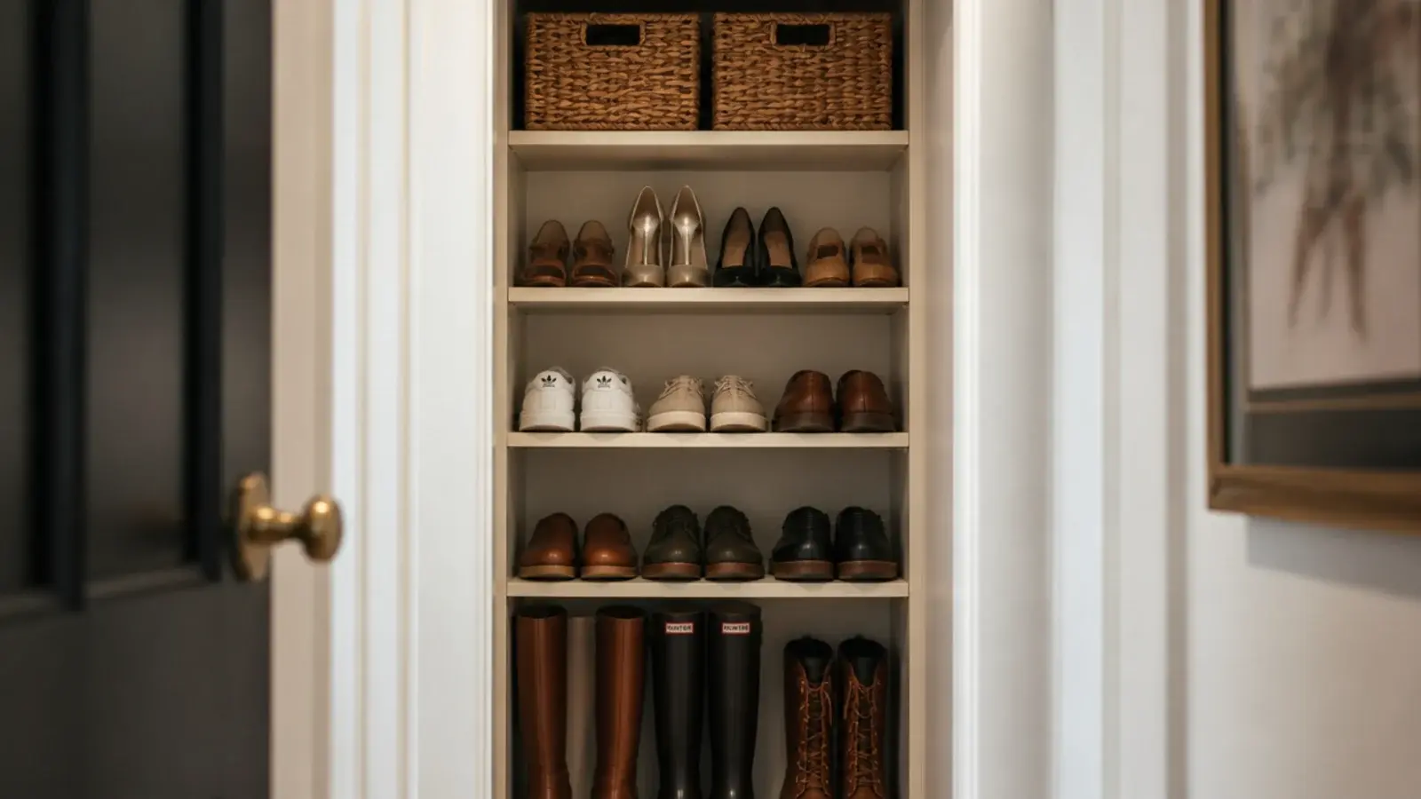 converted coat closet shelved floor to ceiling with rows of shoes