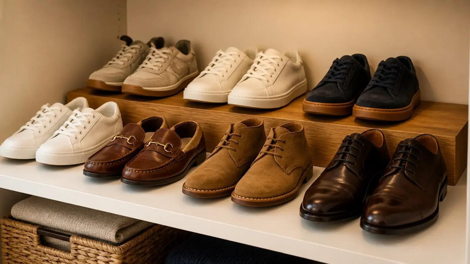 small riser on a closet shelf creating a stepped second row of shoes