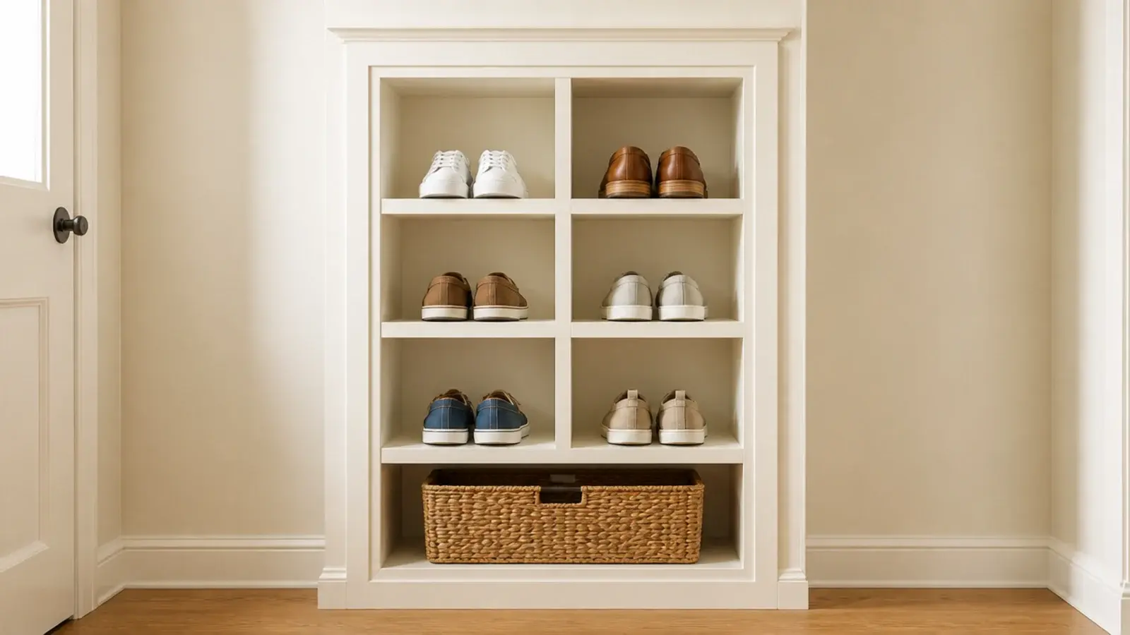 open wooden entryway cubbies each holding a single pair of shoes