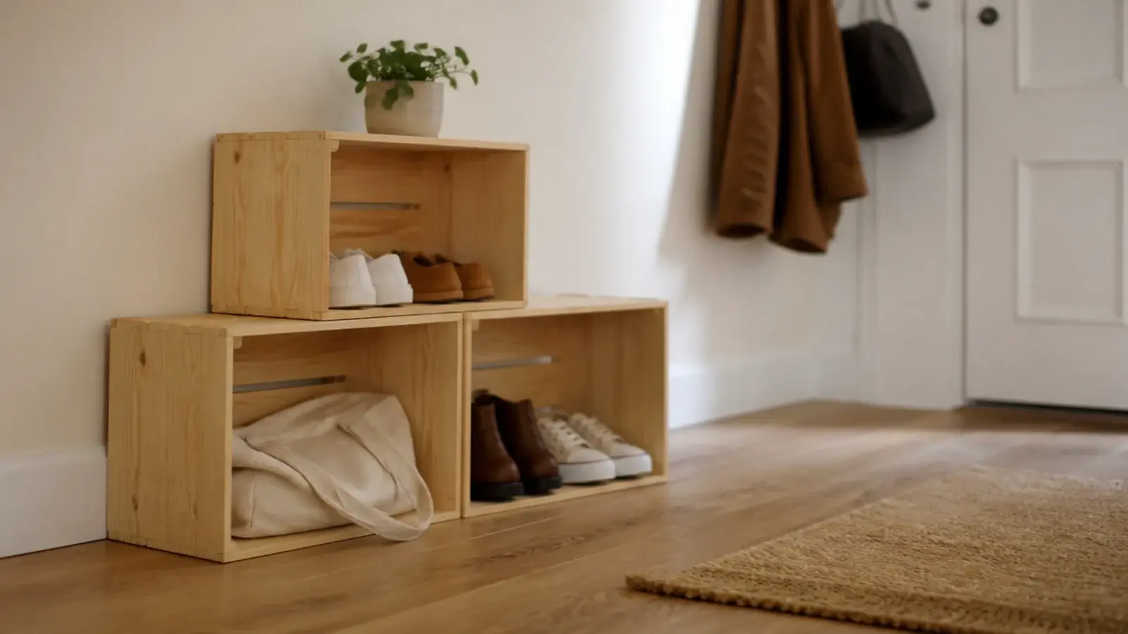 stacked wooden crates turned sideways holding shoes by a front door