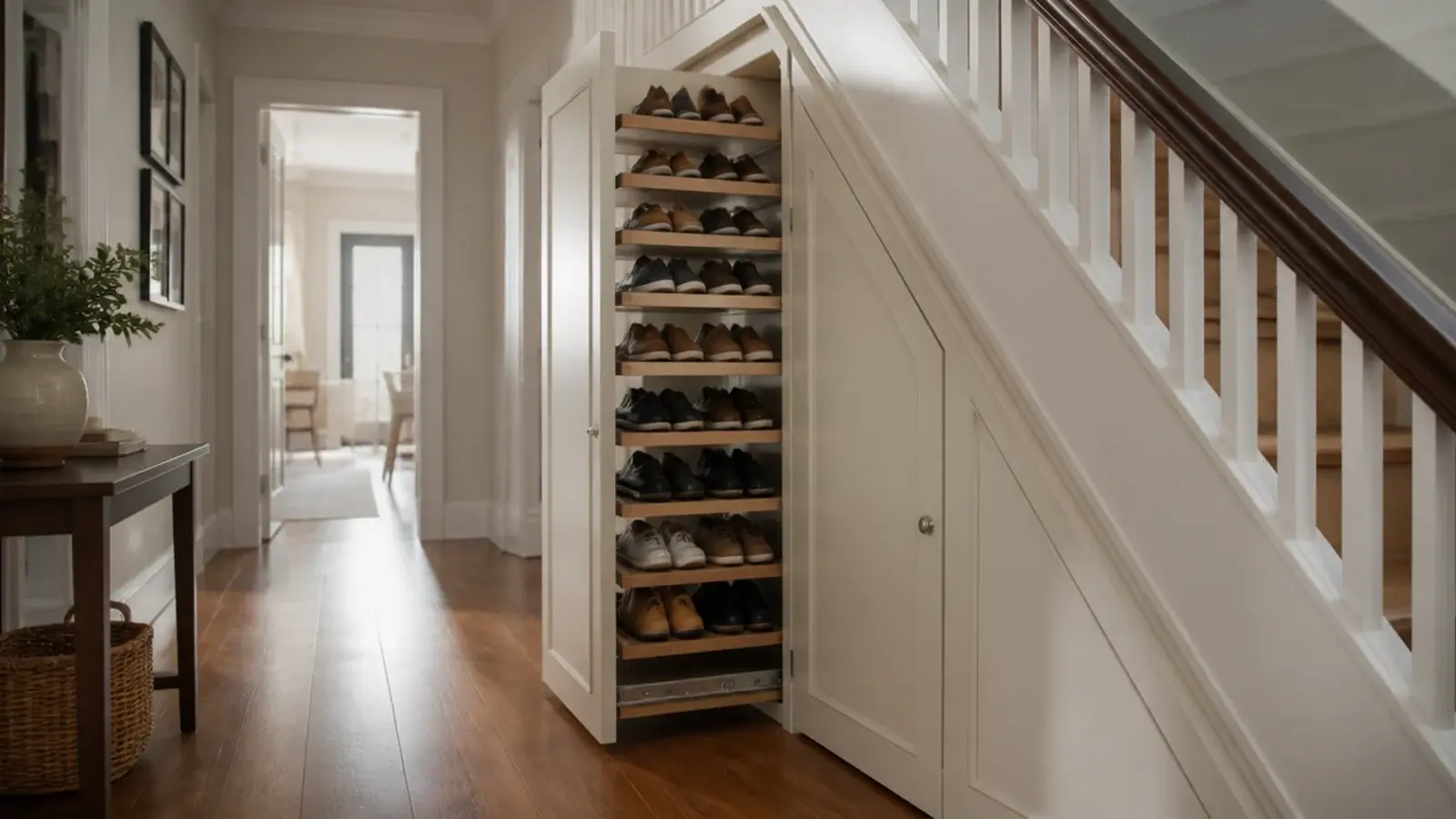 under stairs pull out unit at an entryway holding rows of shoes