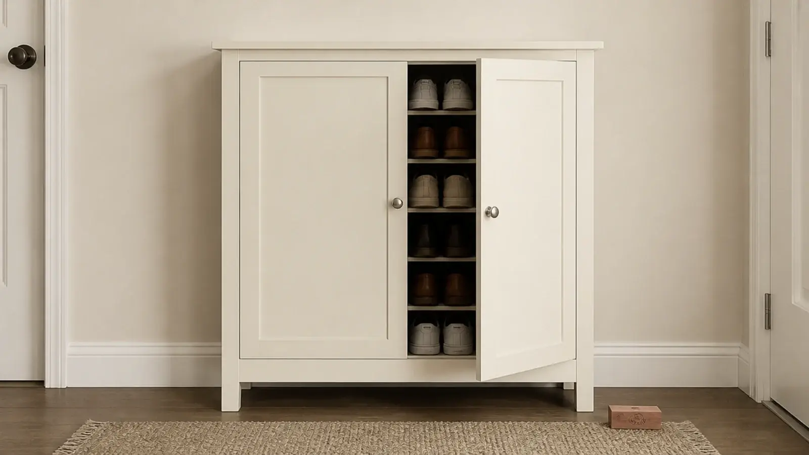 closed shoe cabinet doors with no vents beside a hallway wall