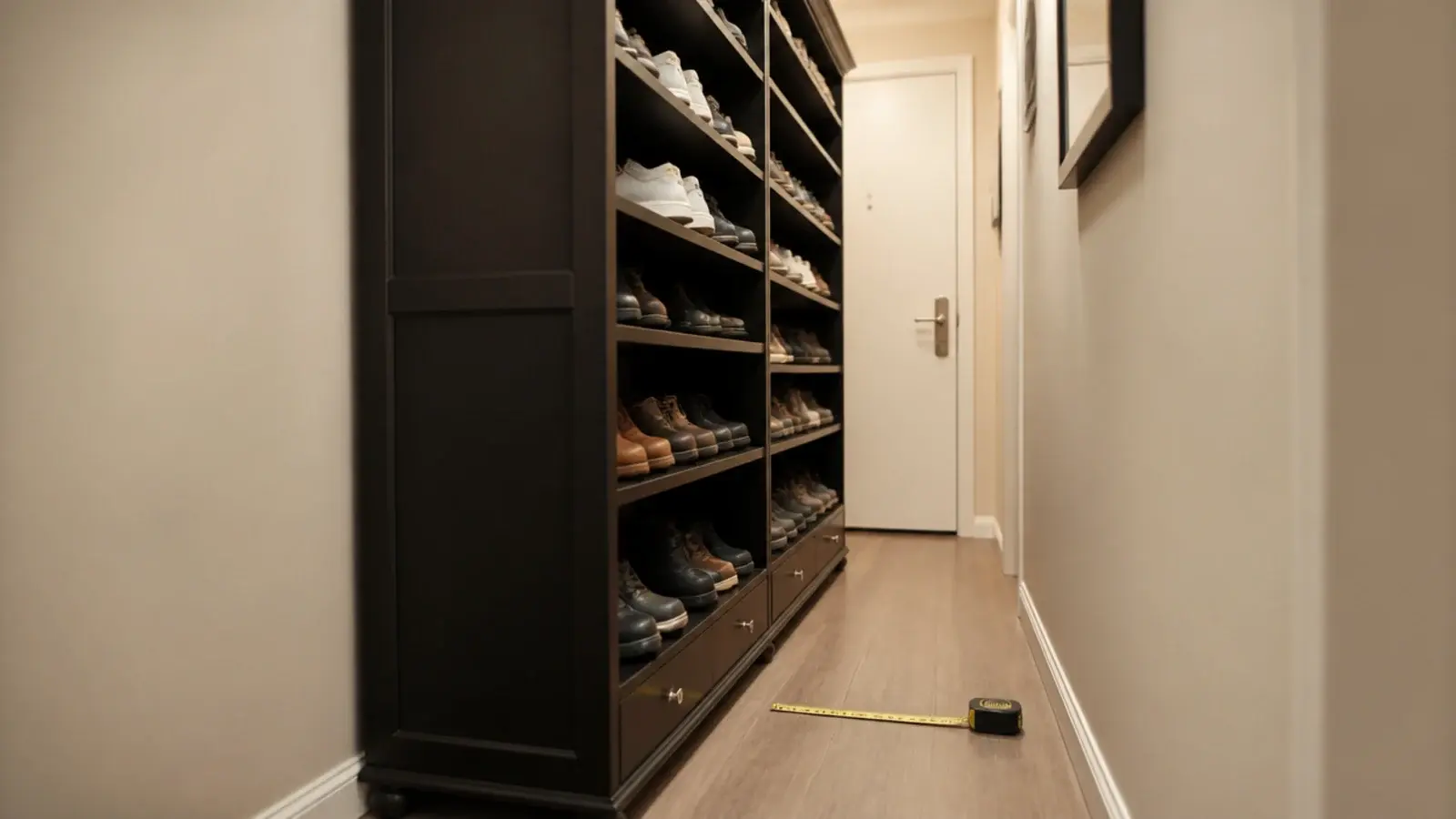 oversized shoe unit crowding a narrow entryway and blocking the walkway