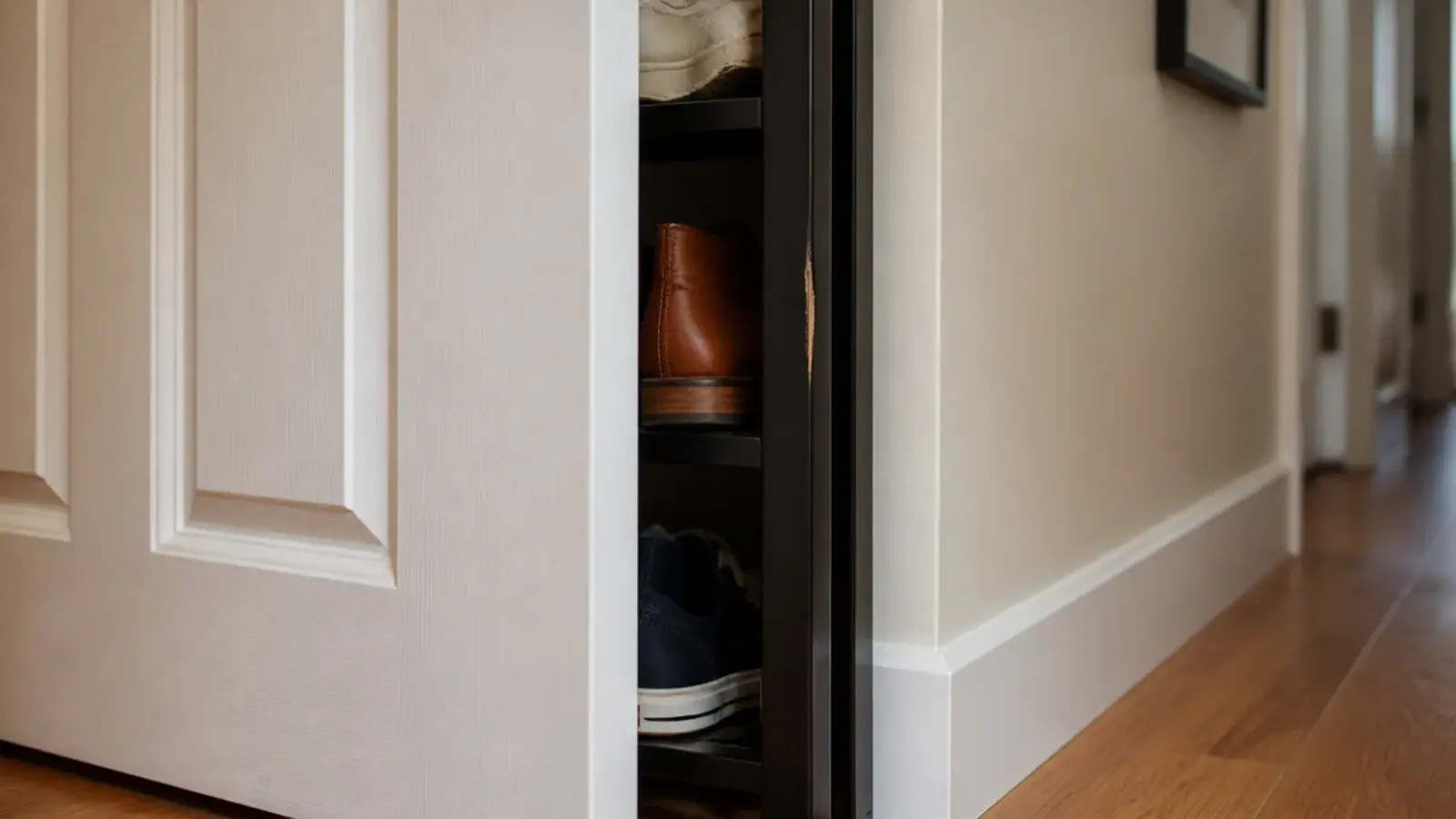 front door edge striking a shoe rack placed within its swing path