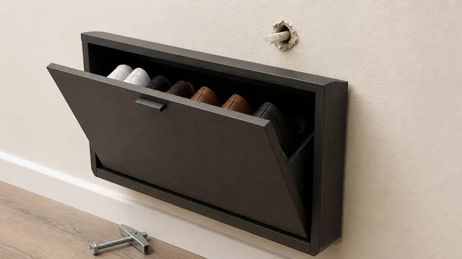 wall mounted shoe unit pulling loose from drywall on plastic plugs