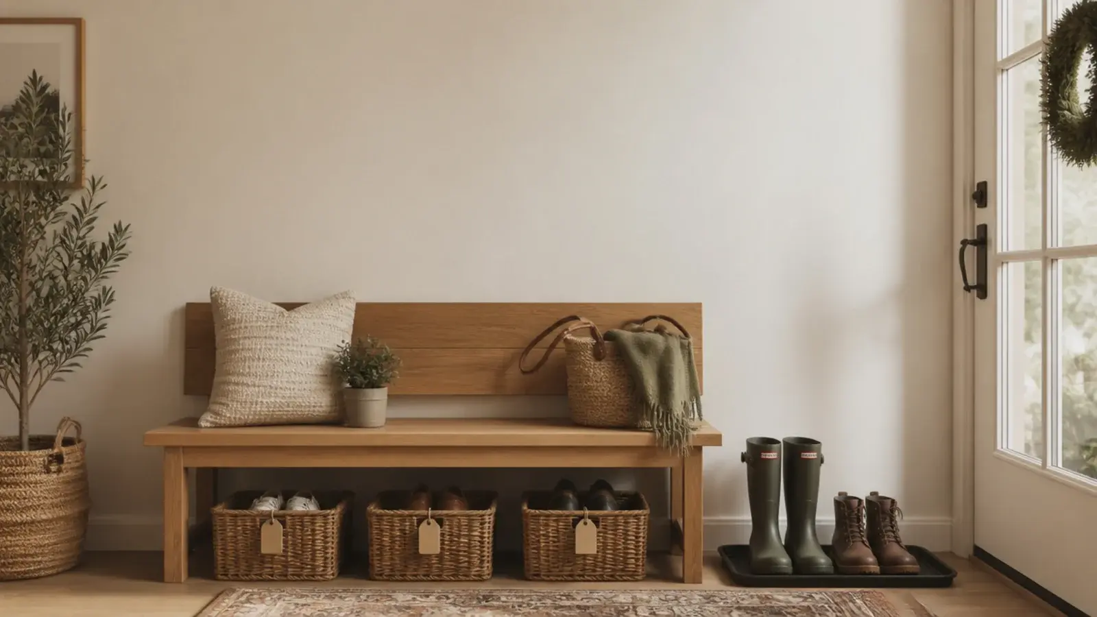 vertical image of corrected shoe storage mistakes in a tidy entryway