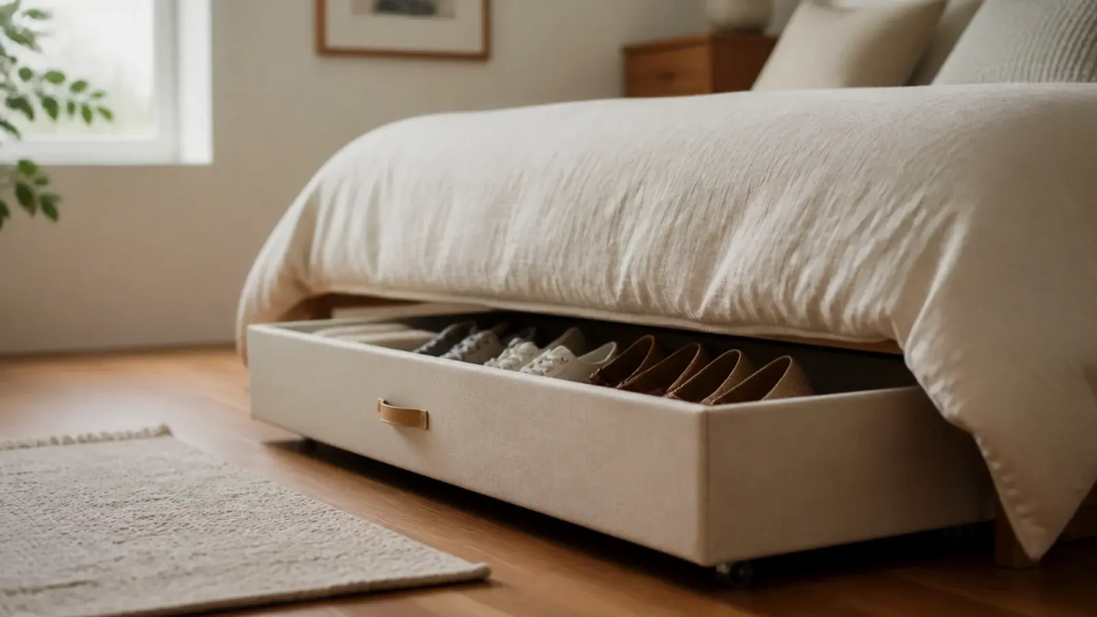 low rolling storage box of shoes pulled out from under a bed