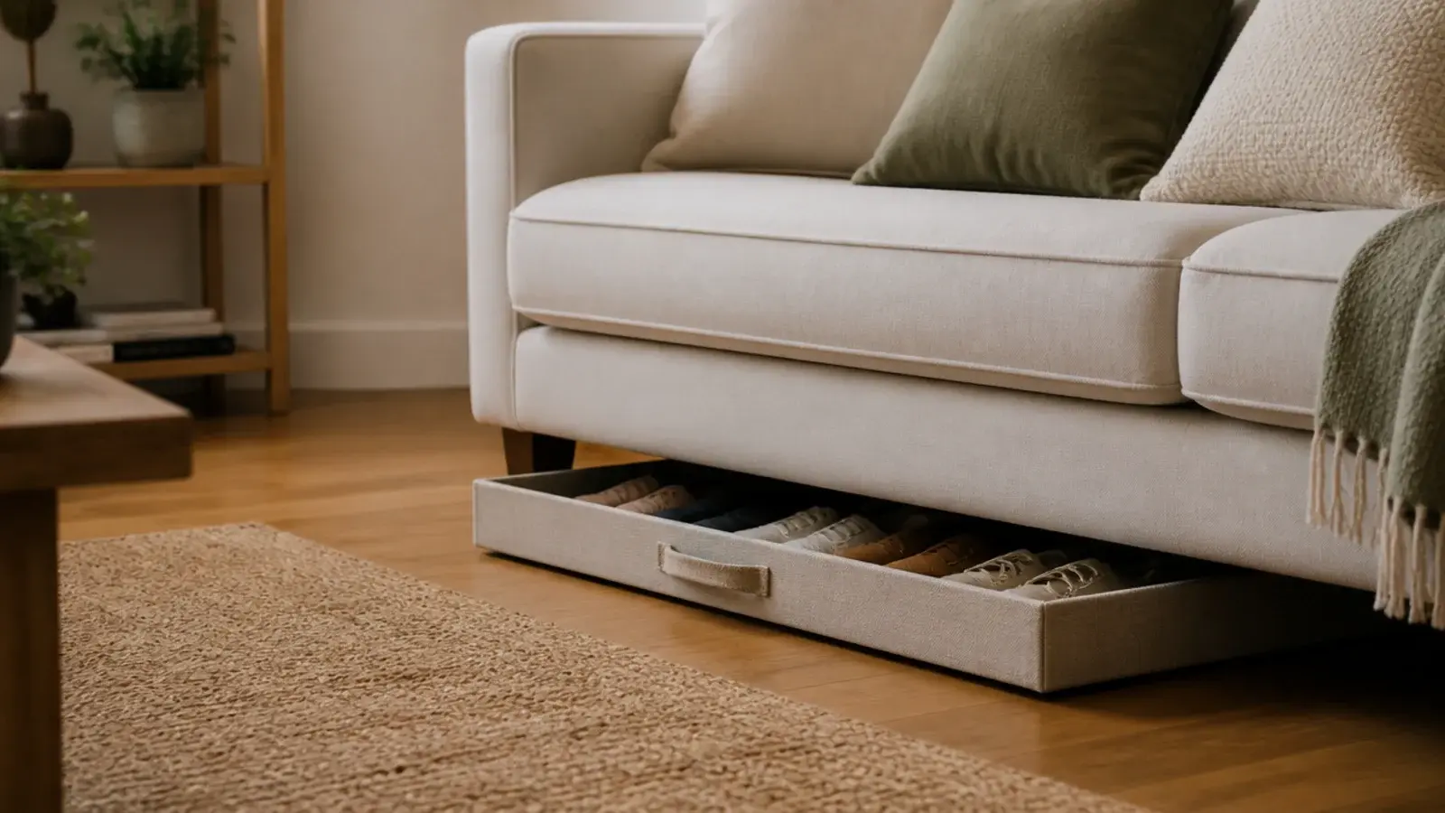 very low flat storage box of shoes sliding under a linen sofa