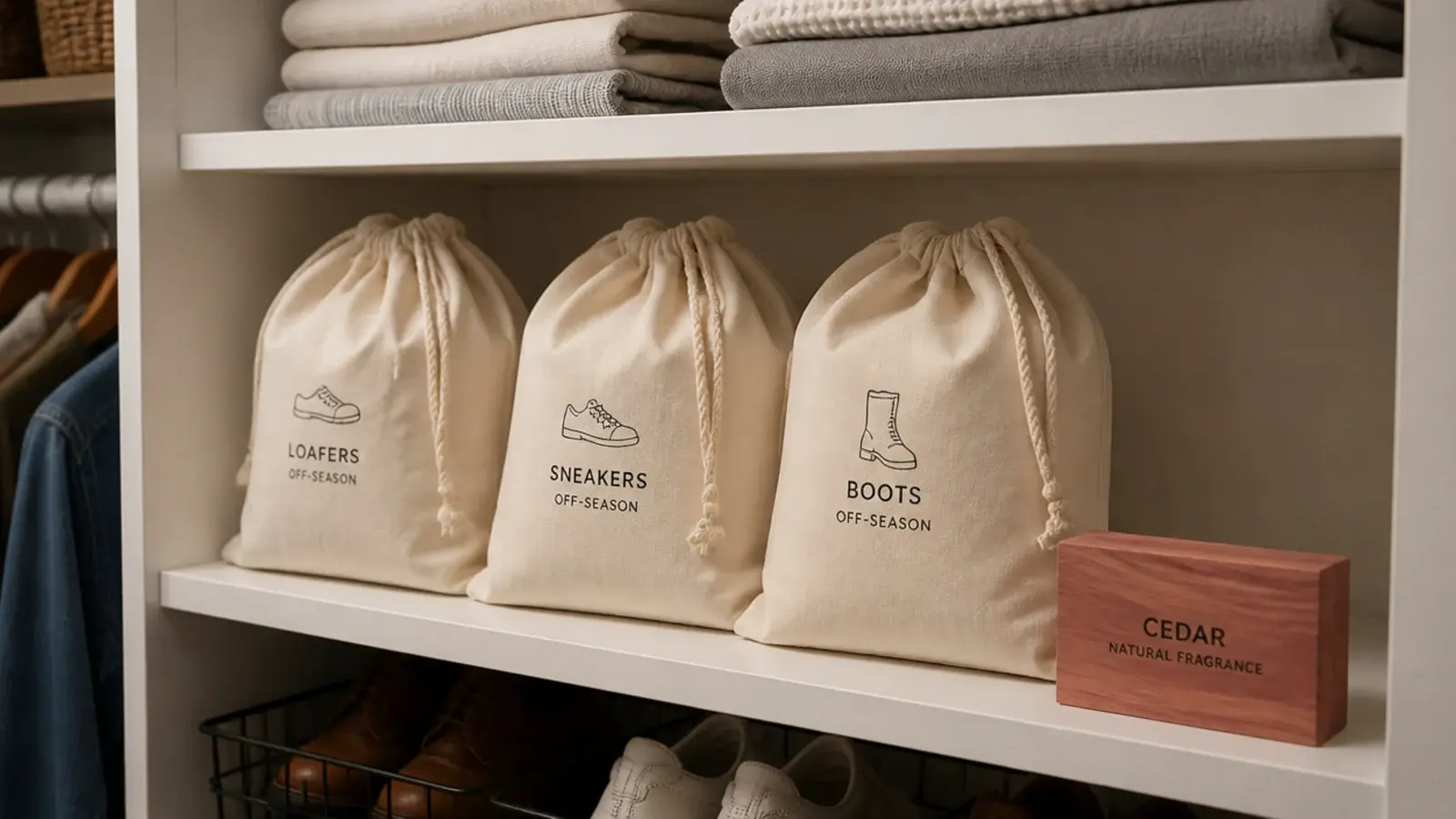 cotton storage bags of off season shoes stacked in a closet