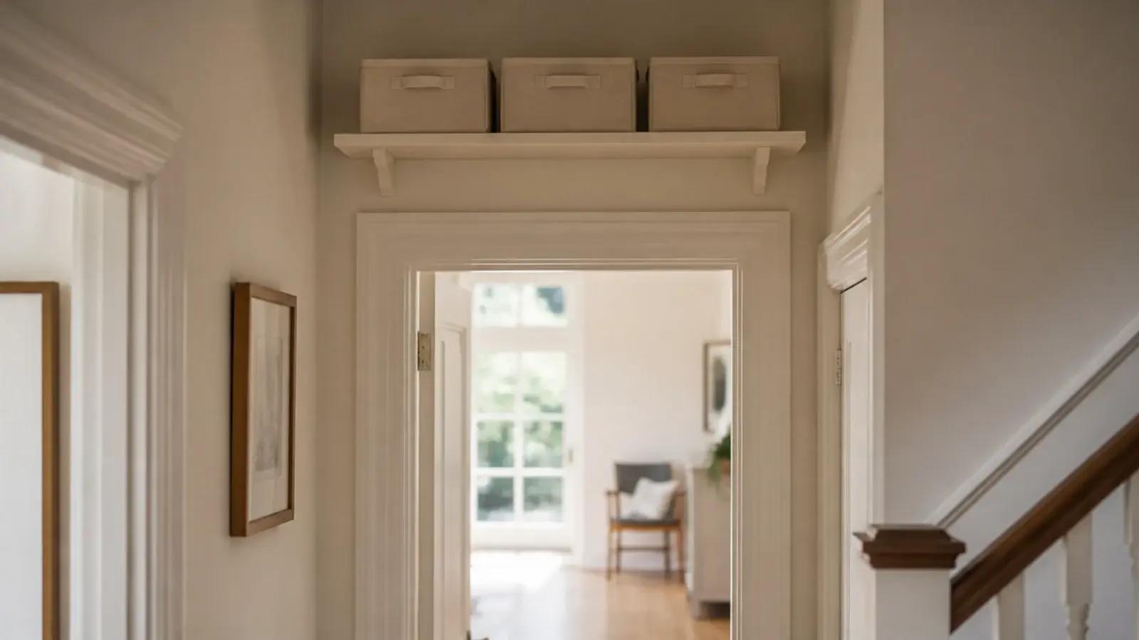 shelf mounted above a doorway holding boxed shoes in a small hall
